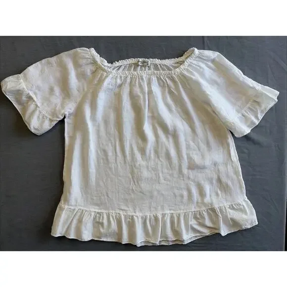 Terzo Millennio Italy White 100% Linen Blouse L Ruffle Hem Boho Top Shirt - Picture 2 of 9